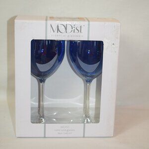 NIB Modist Glassware Set of 2 Blue Luster Wine Glasses